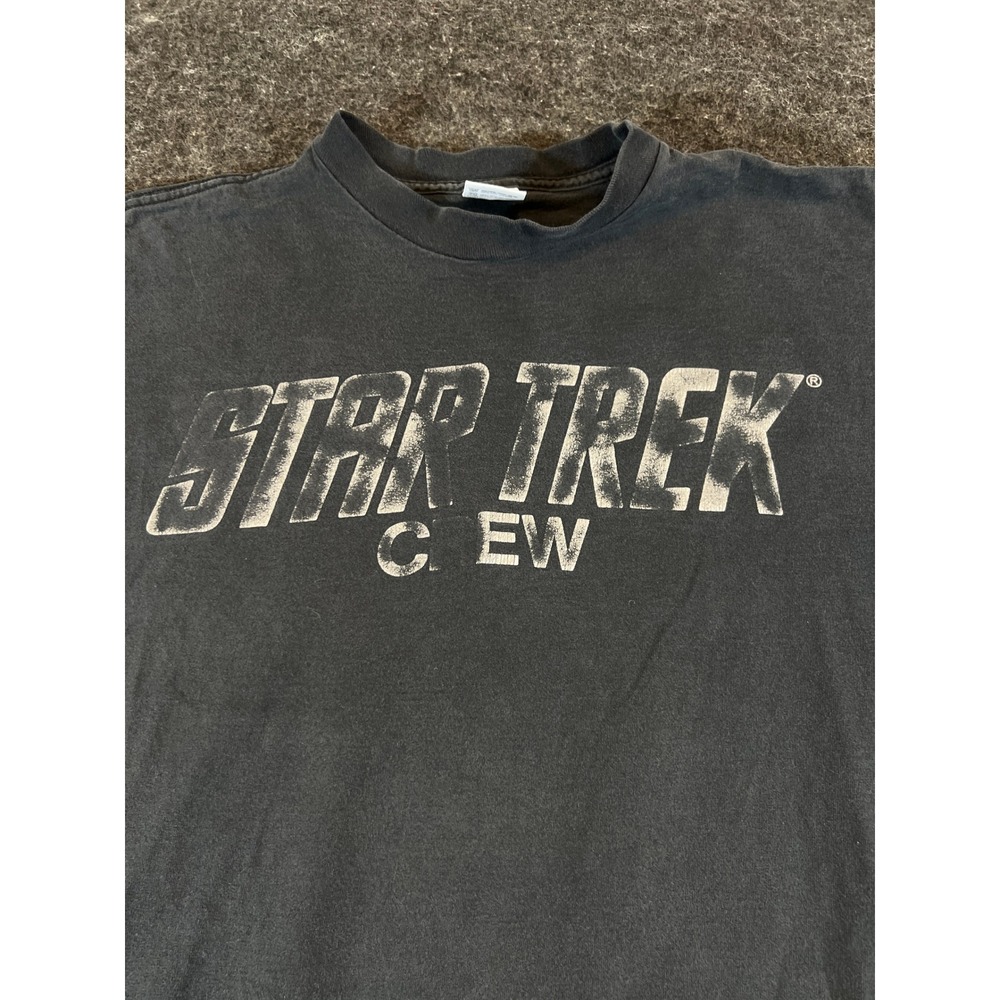 Vintage 90s Star Trek Crew T Shirt Mens Black Cotton Cast RARE One Size Fits